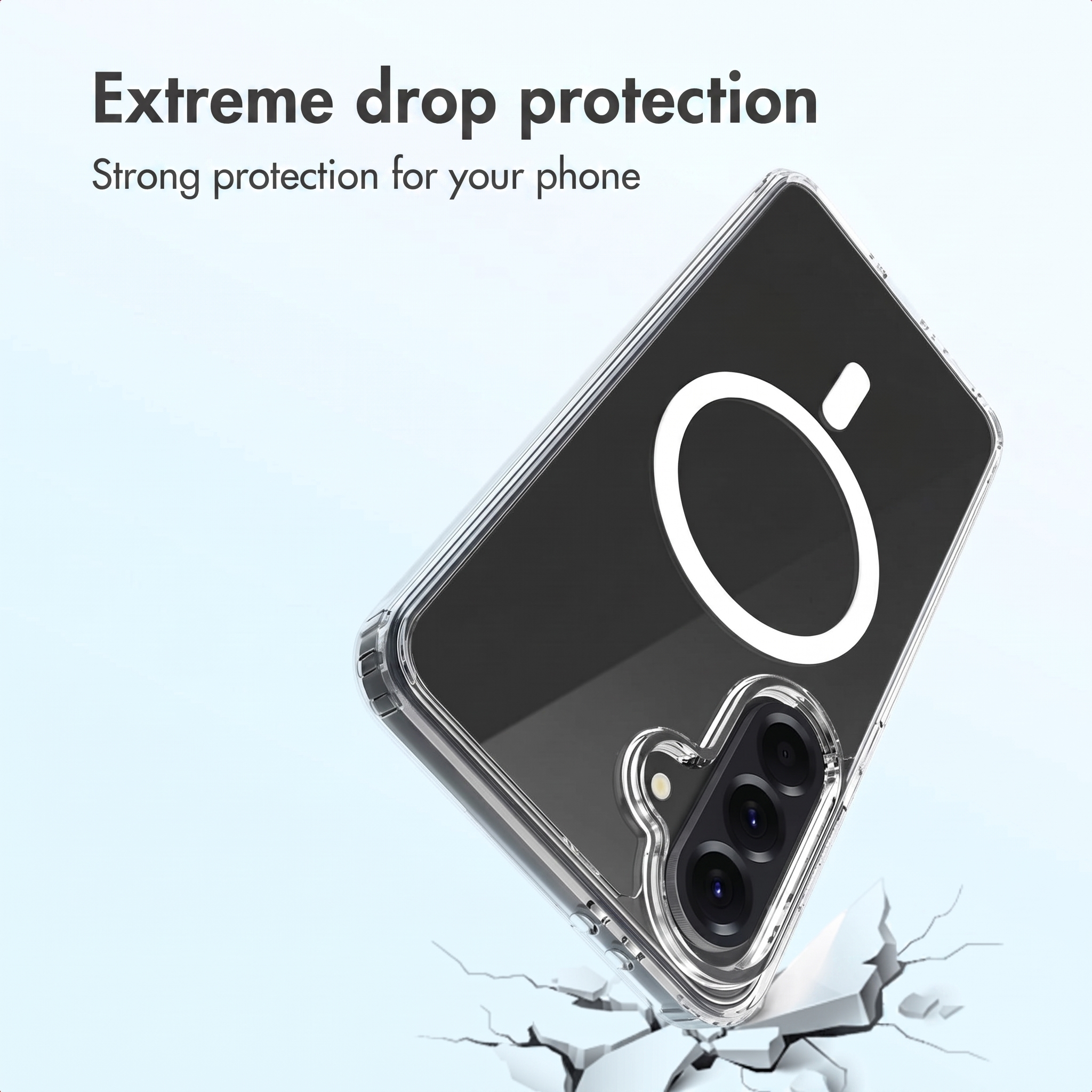 Funda protectora transparente con anillo MagSafe y recorte para cámara sobre fondo claro.