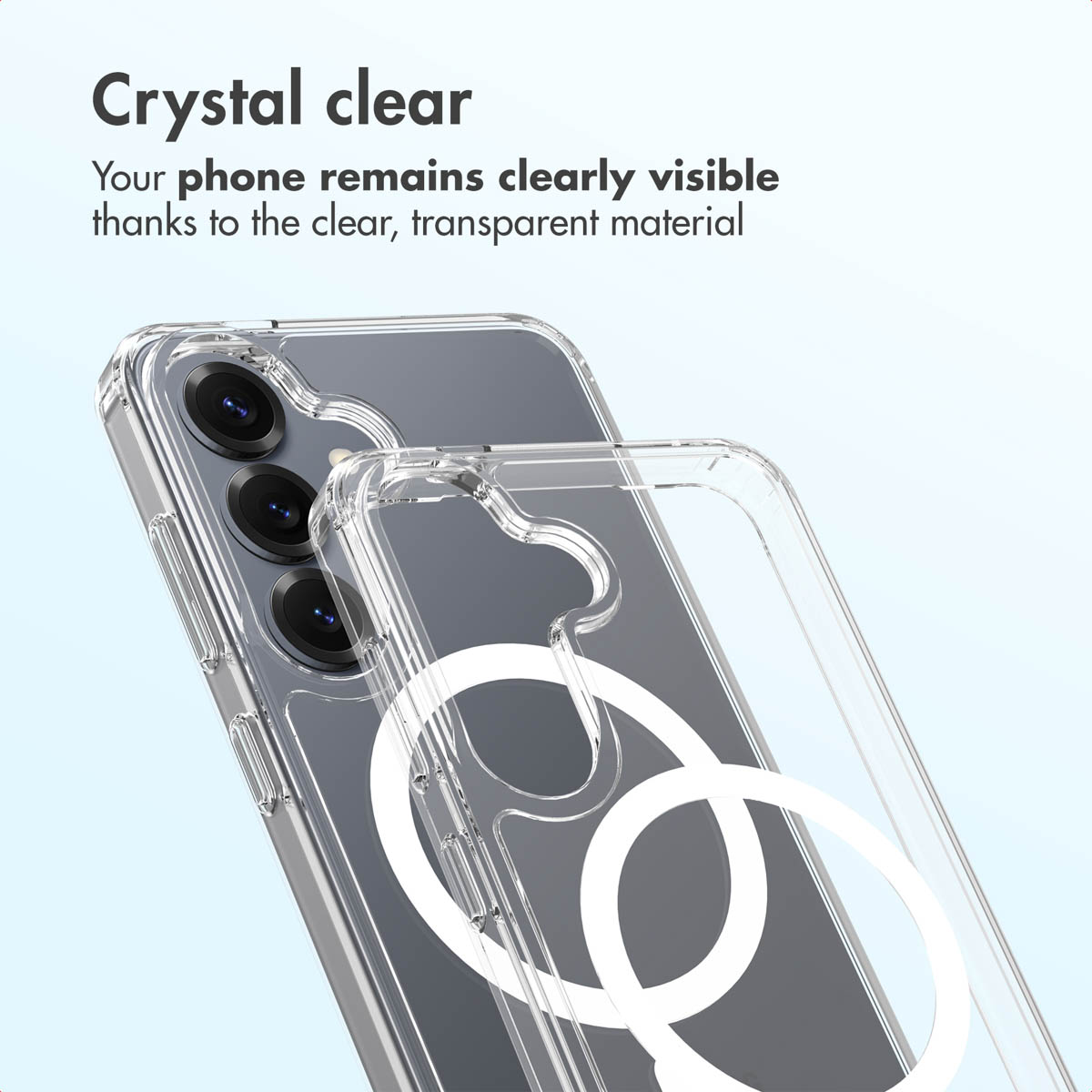 Una funda de móvil transparente con un anillo blanco en la parte trasera y texto.