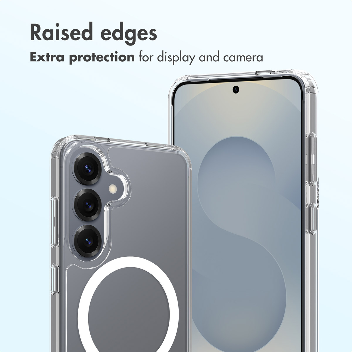 Funda transparente para móvil con bordes elevados para proteger pantalla y cámara.