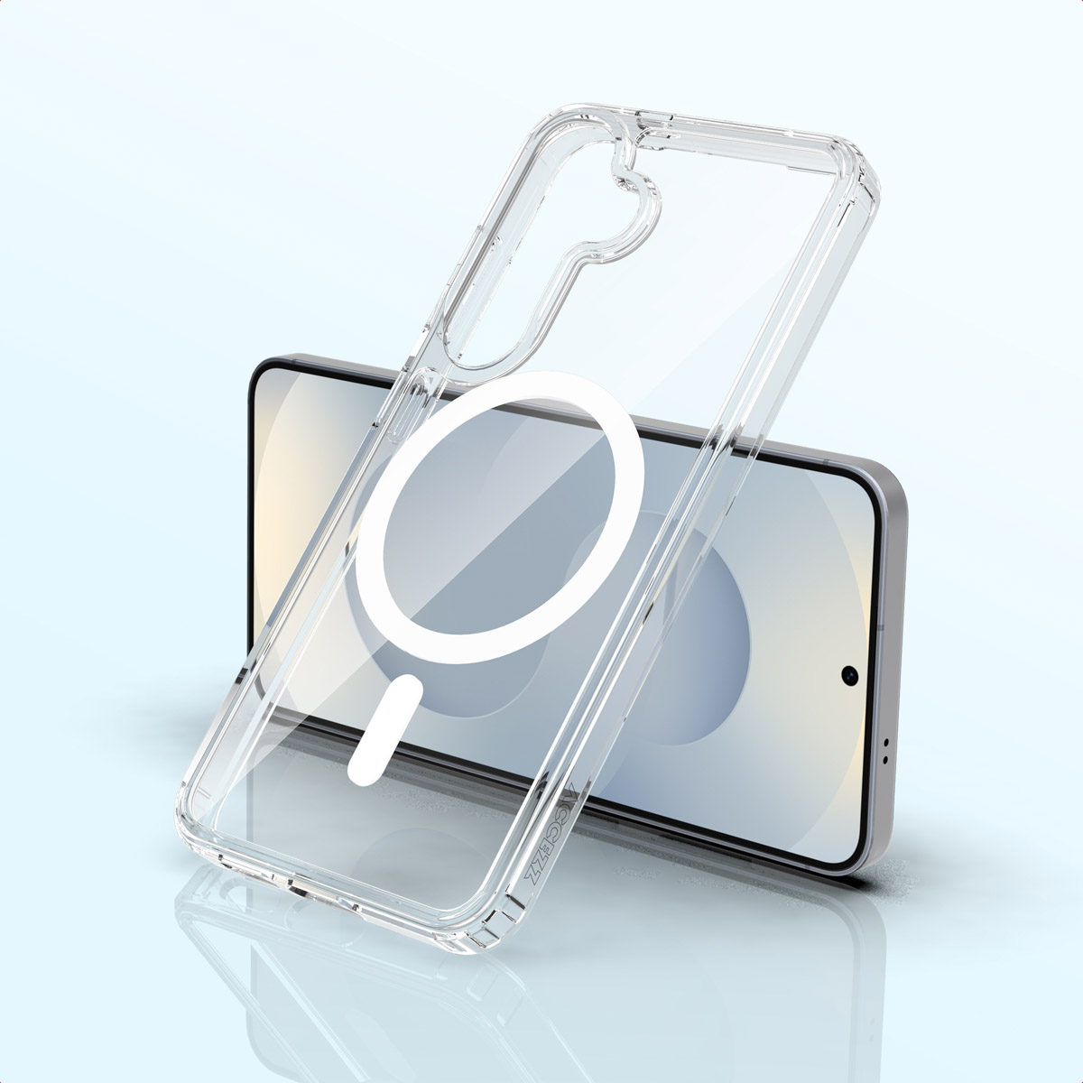 Funda transparente para móvil con anillo magnético frente a un smartphone sobre fondo claro.