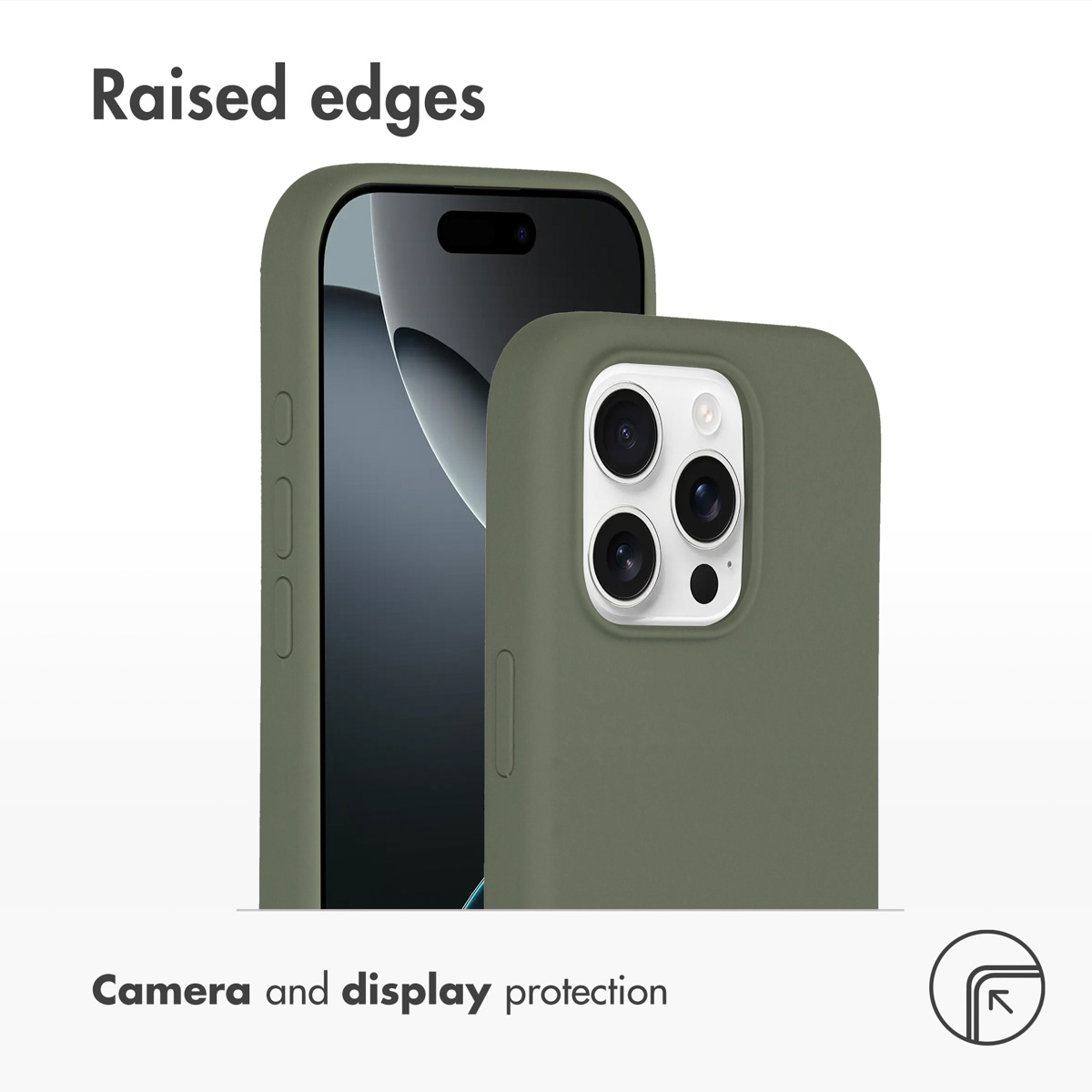 Custodia verde per telefono con bordi rialzati per protezione di fotocamera e schermo.