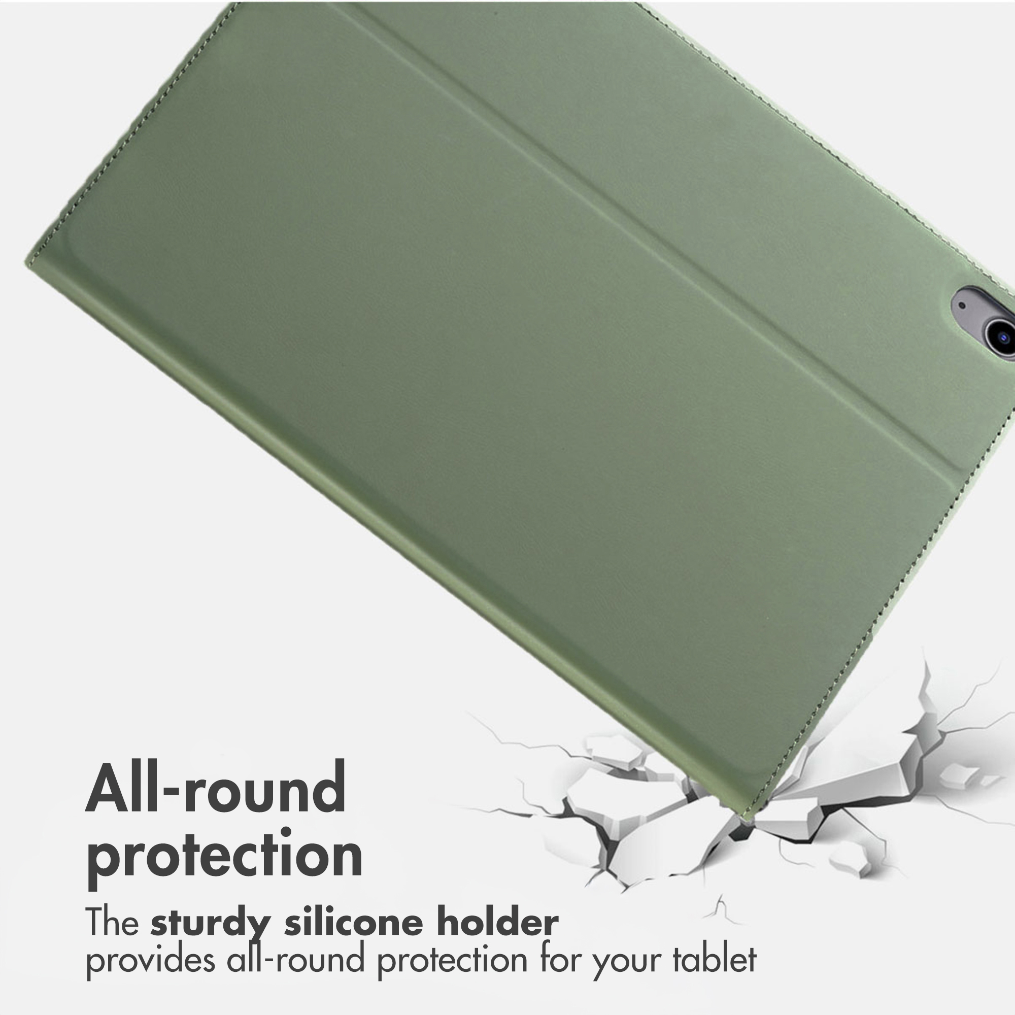 Un étui de tablette vert sur fond blanc avec des morceaux et du texte.