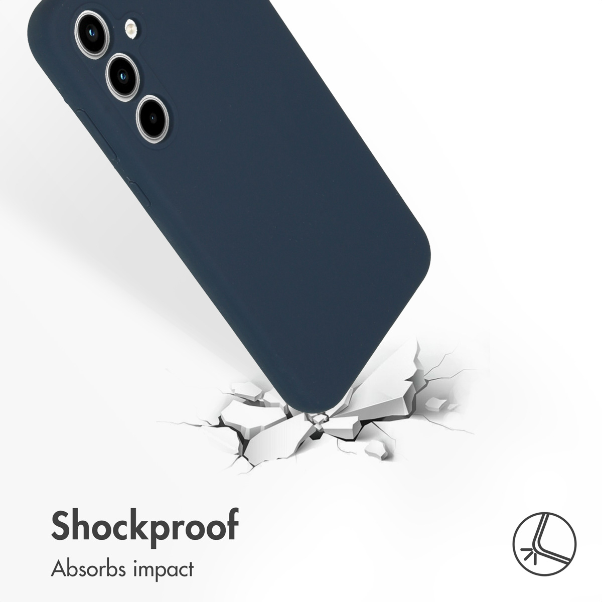 Funda de smartphone azul oscuro golpeando una superficie blanca rota, con texto e icono.