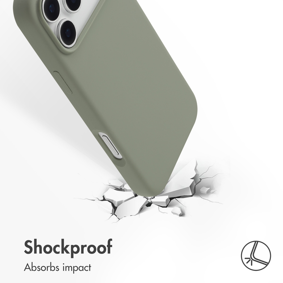 Un smartphone con funda verde golpea una superficie blanca agrietada.