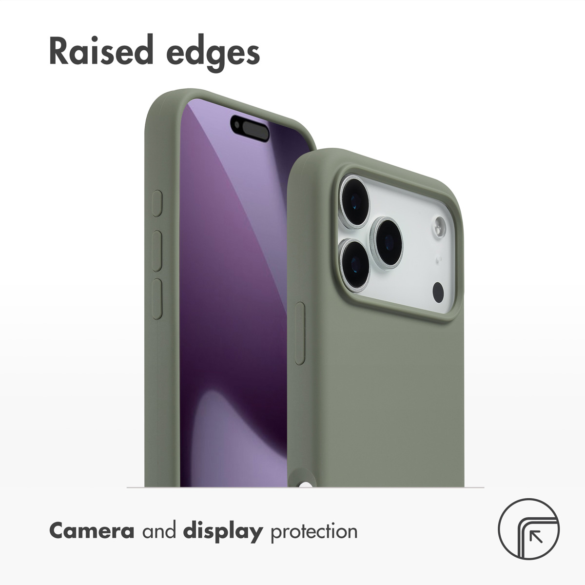 Fundas verdes para móvil que muestran bordes elevados para protección de cámara y pantalla.