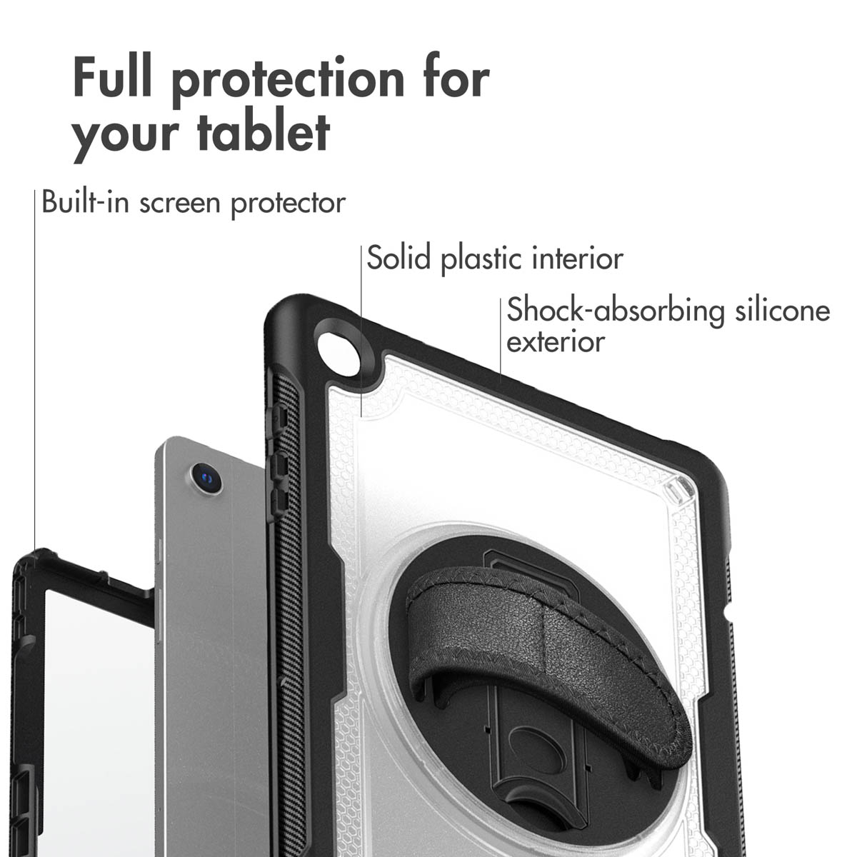 Tablet protective case featuring screen protector, hard plastic, and silicone.