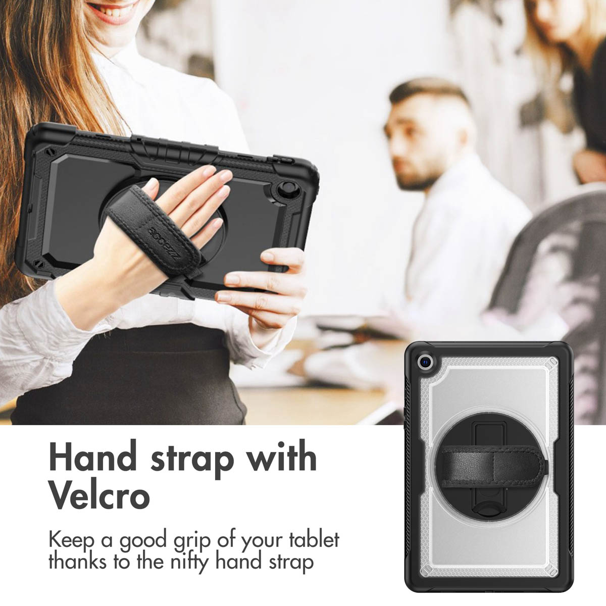 A woman holding a tablet in a black rugged case with a velcro hand strap. Office background with people.