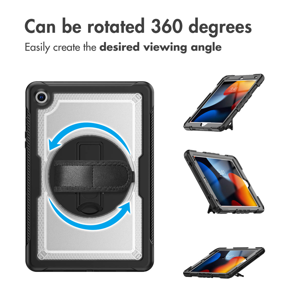 Tablet case featuring a 360-degree rotating handle and stand.