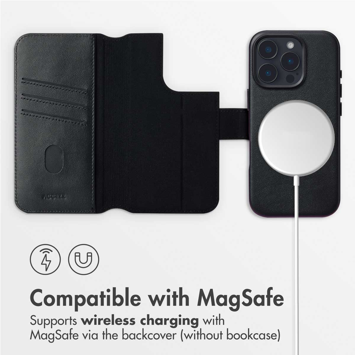 Schwarze Ledertasche für Smartphones mit MagSafe-Ladefunktion.