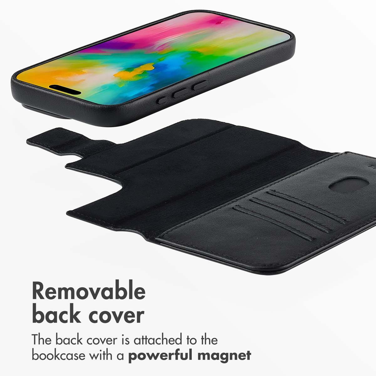 Schwarze Handyhülle mit abnehmbarem Cover und Kartenfächern auf weißem Hintergrund.