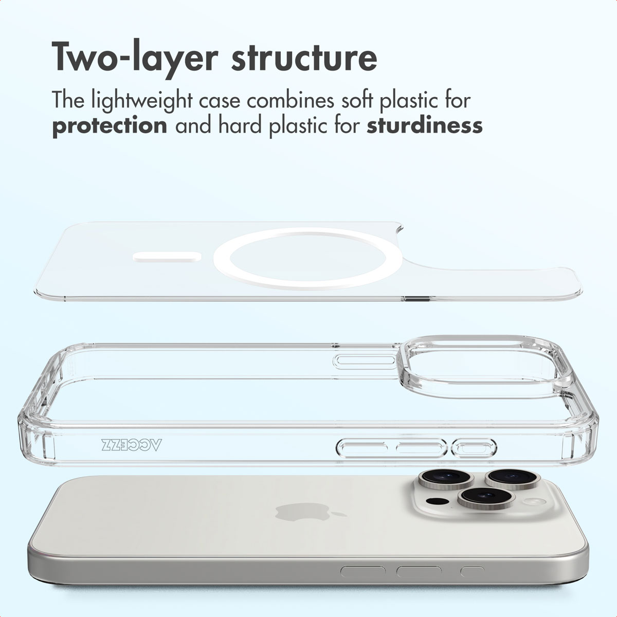 Diagrama de una funda de teléfono de dos capas sobre un smartphone con fondo claro.