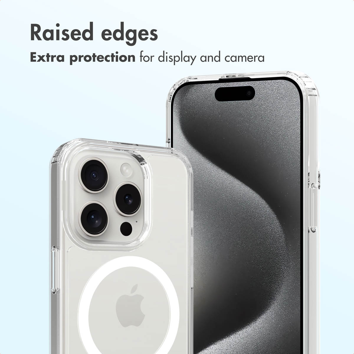 Dos fundas transparentes en iPhones con bordes elevados para mayor protección.