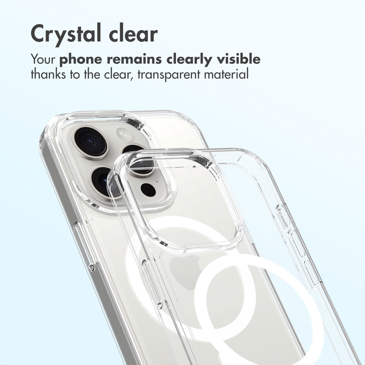 Fundas de móvil transparentes en un smartphone con cámaras, sobre fondo claro con texto.