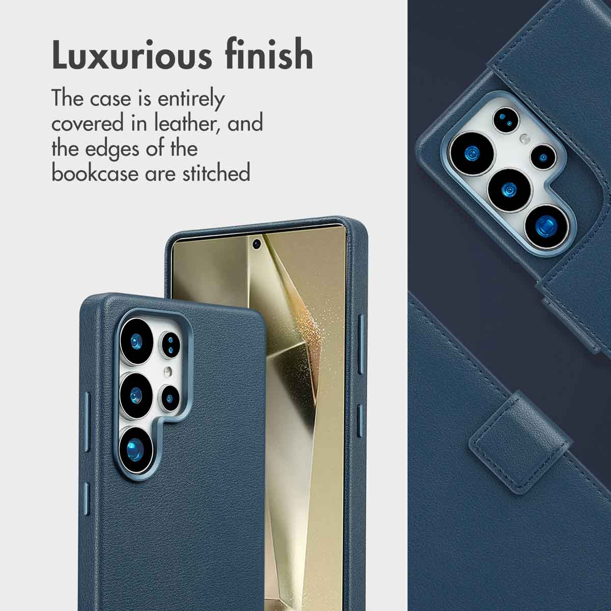 Custodia per telefono in pelle blu con bordi cuciti, ritaglio per fotocamera e testo in inglese.