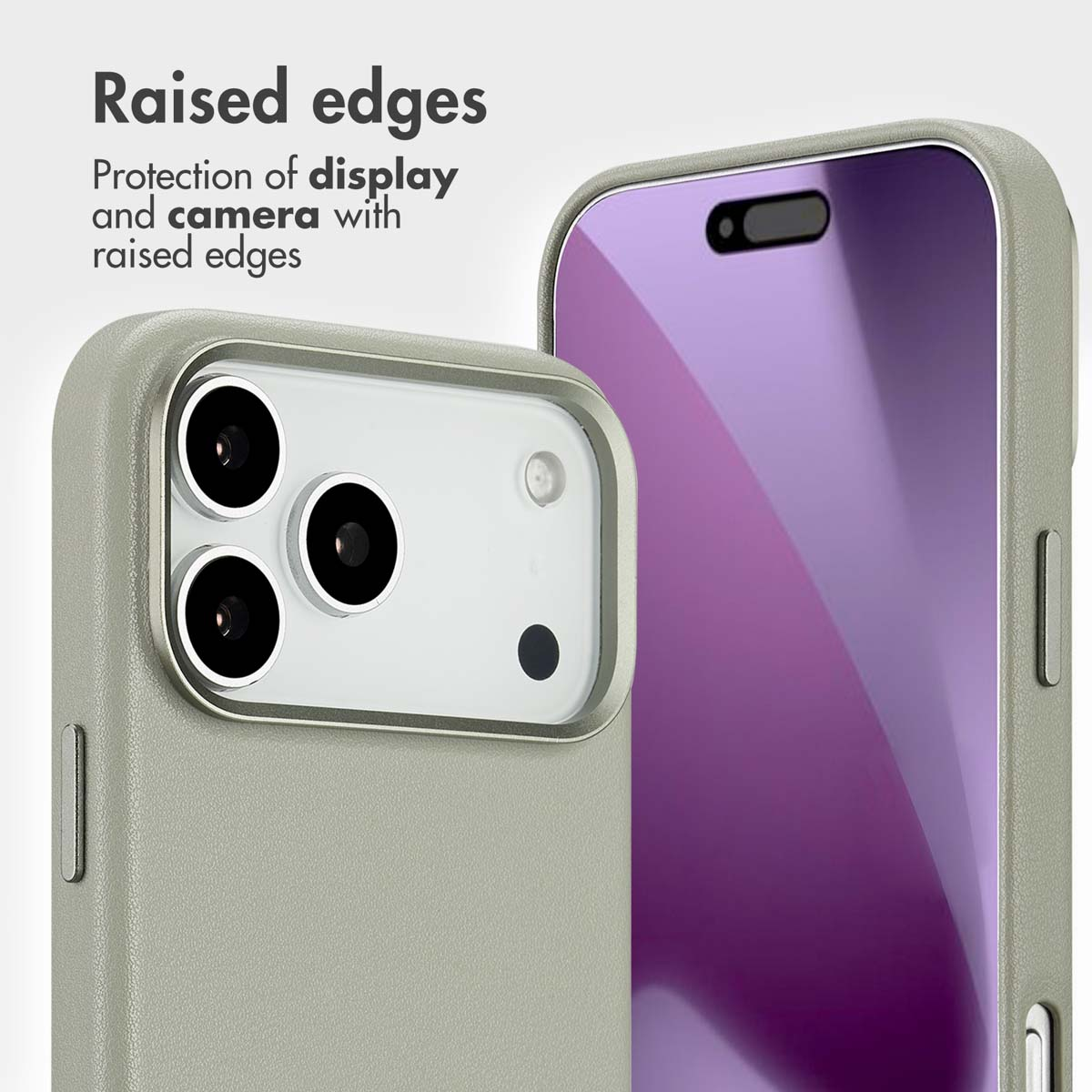 Smartphone en funda protectora gris con bordes elevados que protegen la pantalla y cámara.