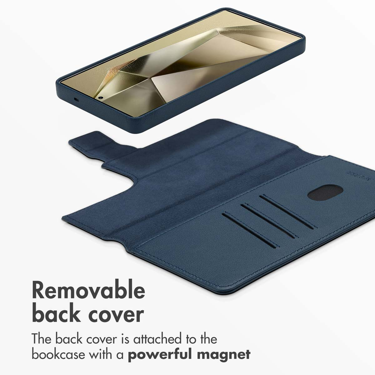 Una custodia per telefono a portafoglio blu con cover posteriore staccabile e tasche per carte.