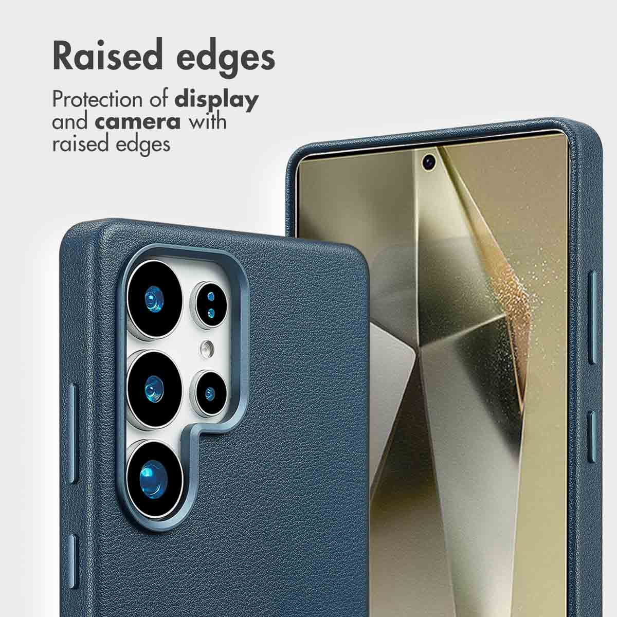 Custodia per telefono blu con bordi rialzati per la protezione dello schermo e della fotocamera.