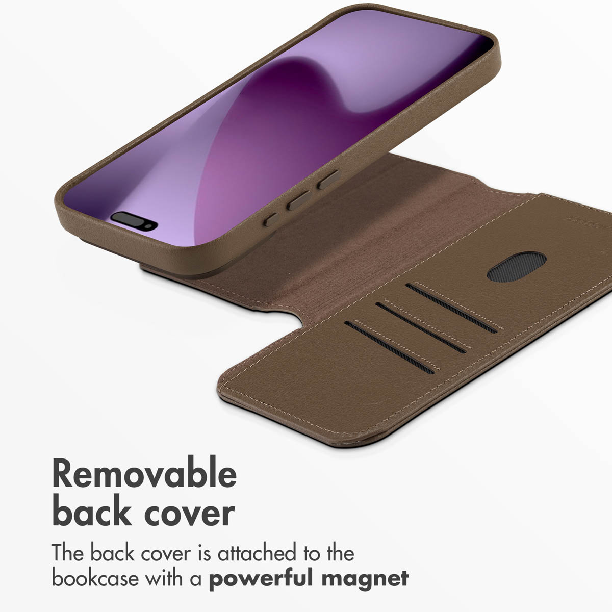 Funda de móvil de cuero marrón con cubierta trasera desmontable y ranuras para tarjetas.