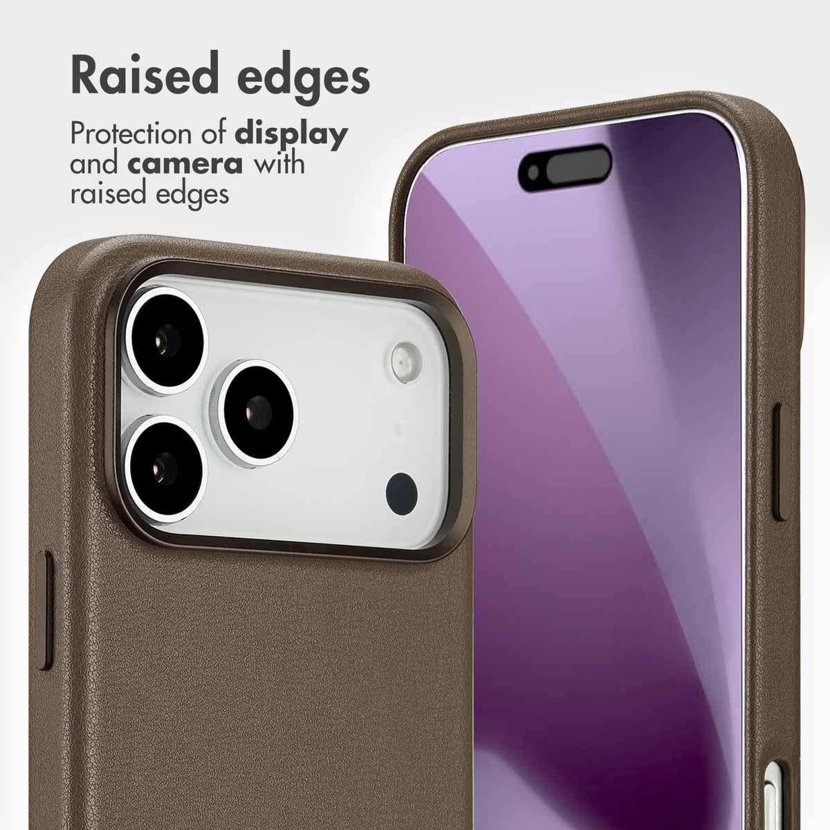 Funda de teléfono marrón con bordes elevados que protegen pantalla y cámara.