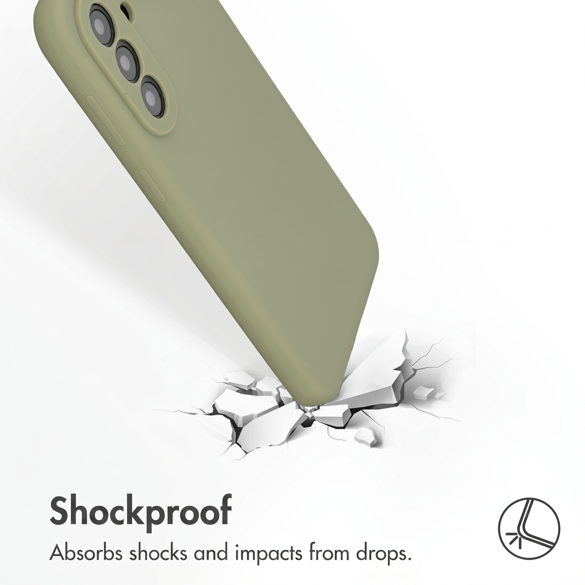 Ein grünes Smartphone stürzt auf einen weißen Boden, der einbricht, mit Text und Symbol unten.