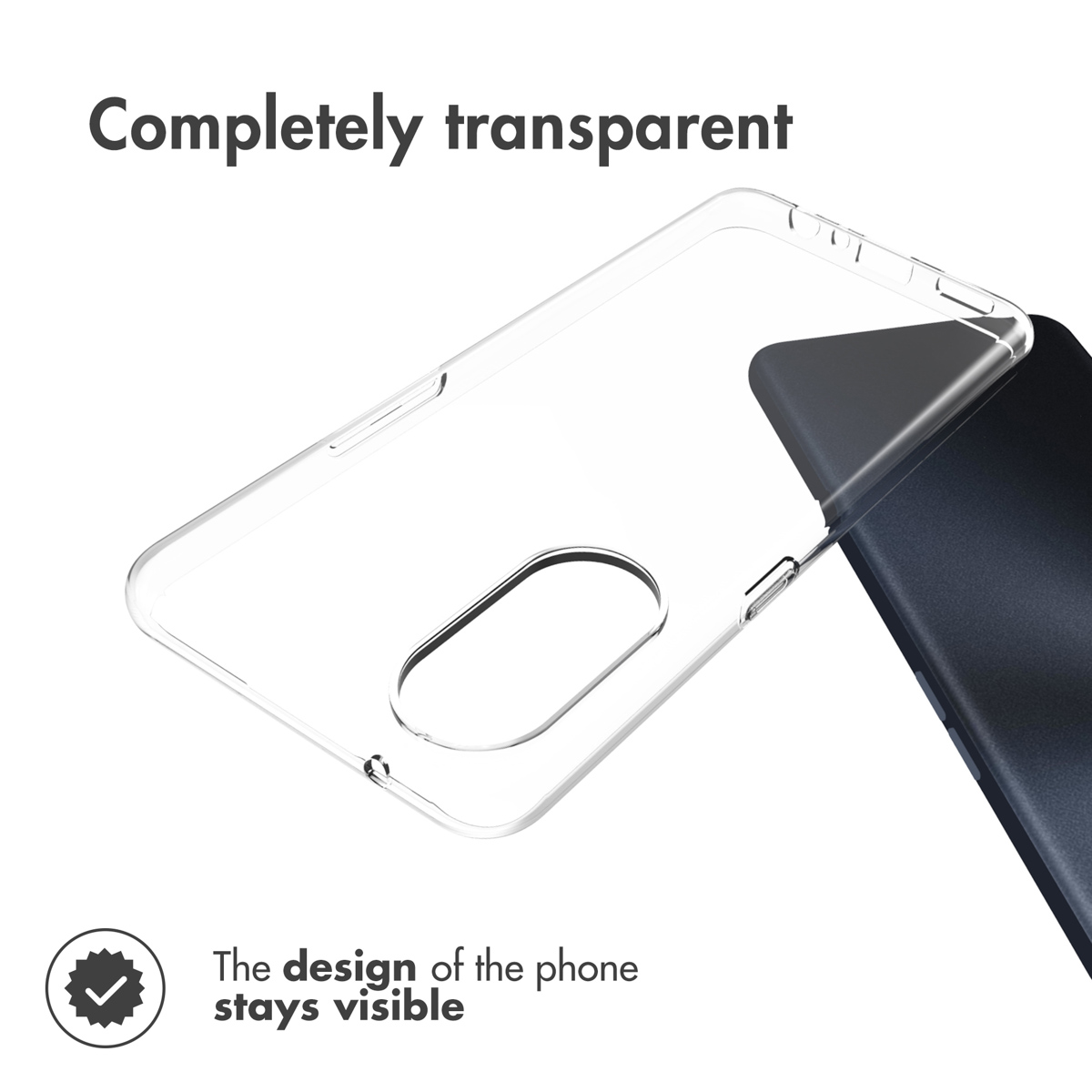 Una funda protectora de teléfono clara y transparente junto a un smartphone oscuro.