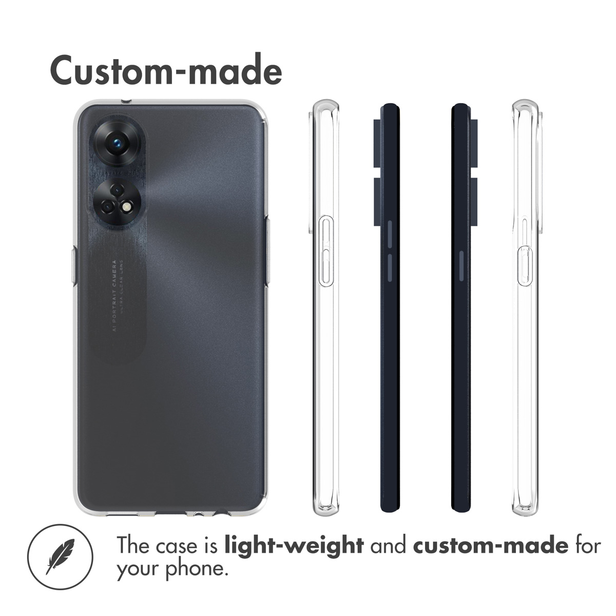 Una funda transparente ligera y hecha a medida muestra vistas frontales y laterales de un smartphone.
