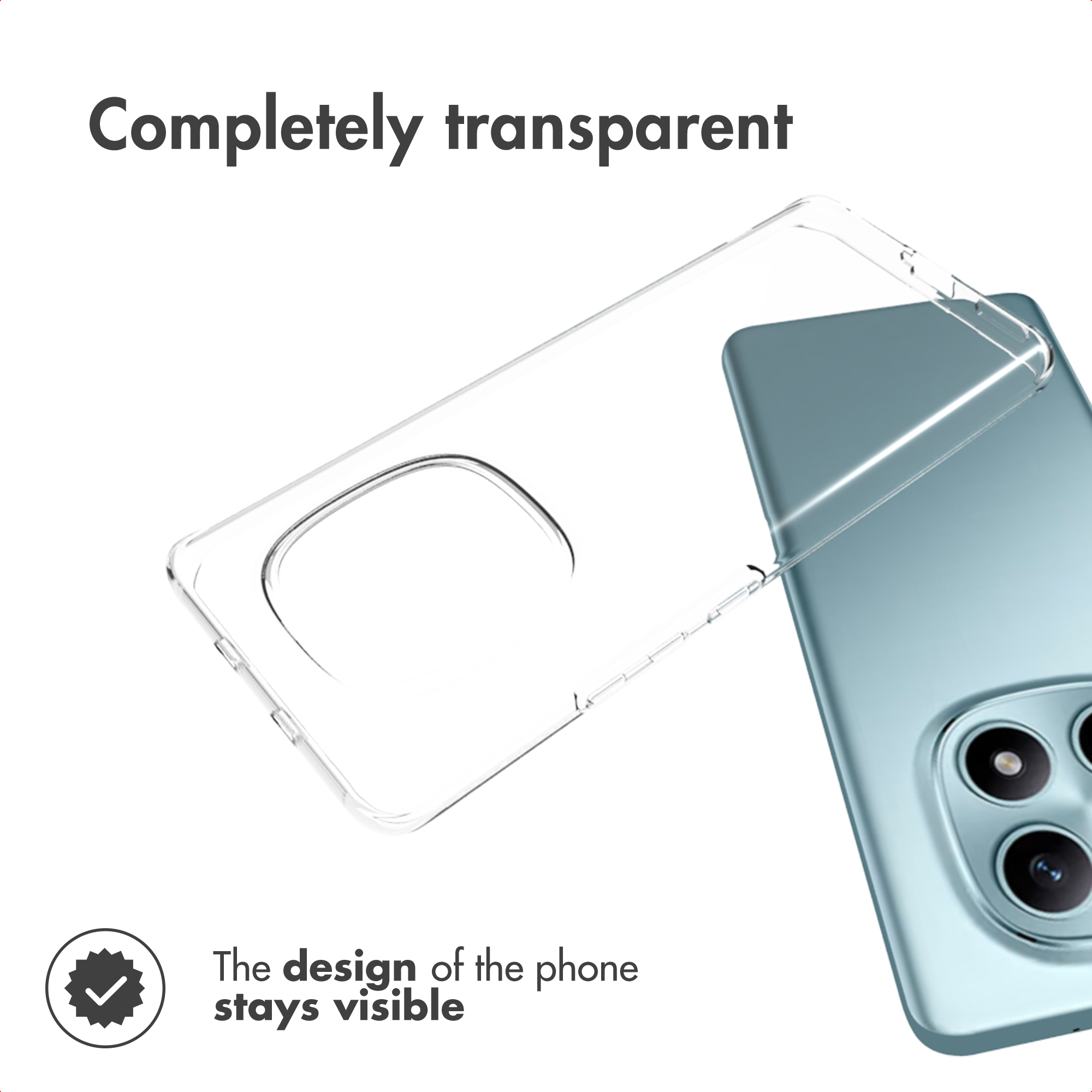 Una funda protectora completamente transparente para un smartphone descansa junto a él sobre fondo blanco.