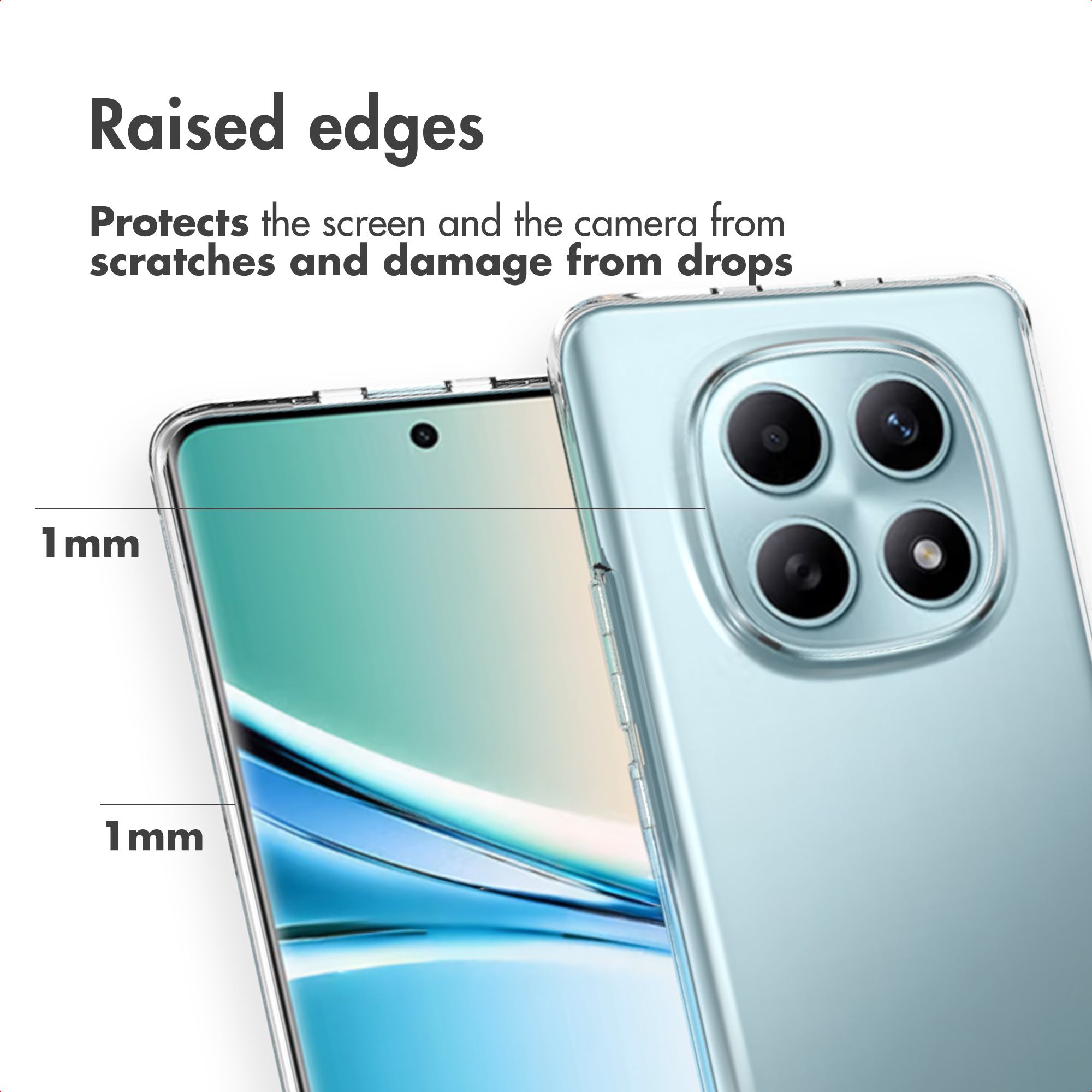 Un teléfono en funda transparente con bordes elevados que protegen pantalla y cámara.