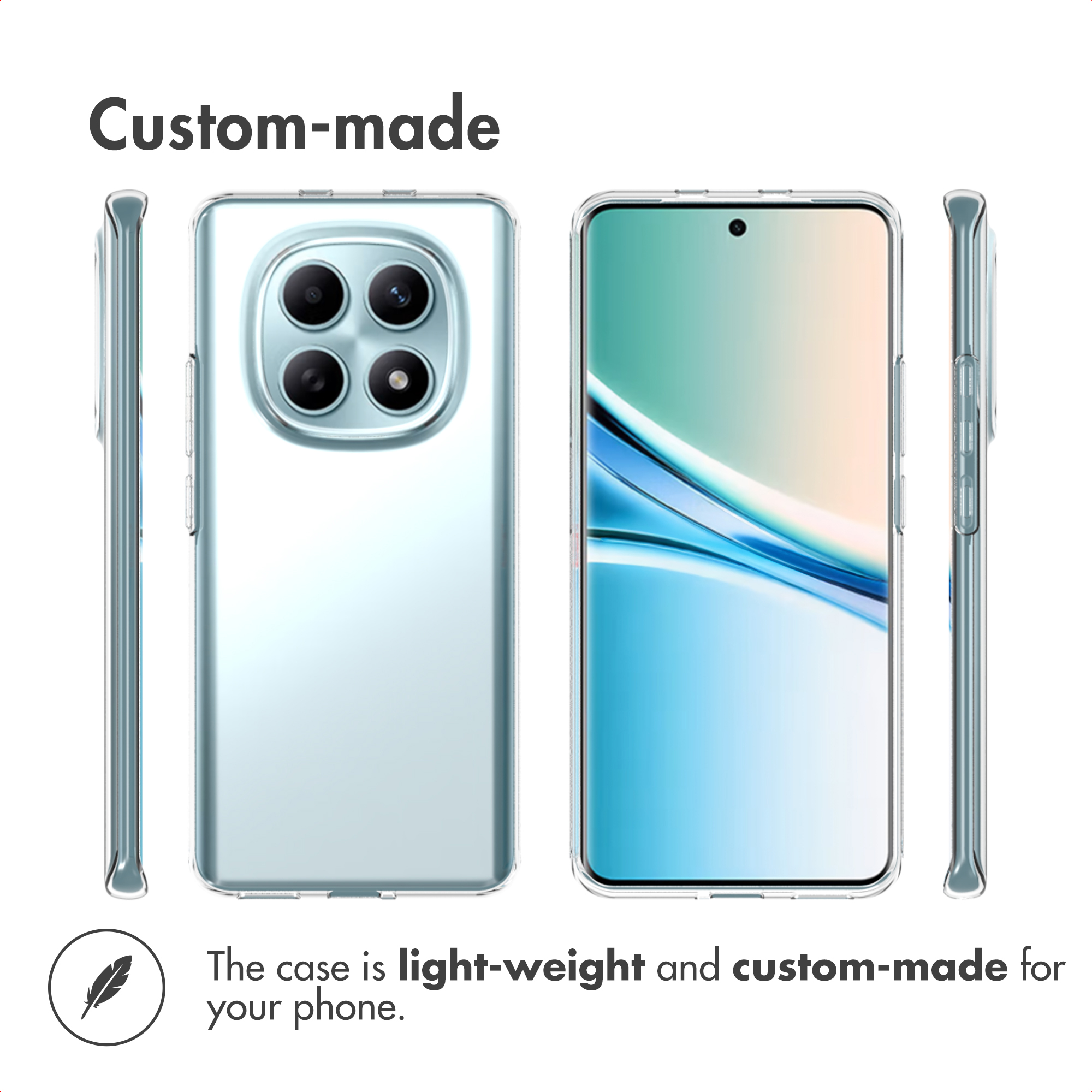 Cuatro ángulos de un smartphone en funda transparente, mostrando la parte trasera, delantera y lados, con texto 'Hecho a medida'.