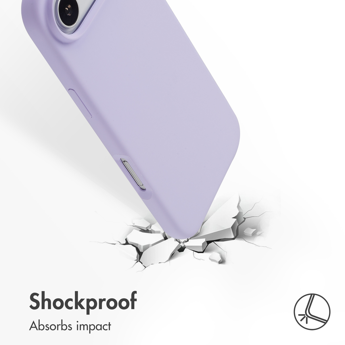 Una funda de móvil lila golpea una superficie blanca agrietada, mostrando su resistencia.