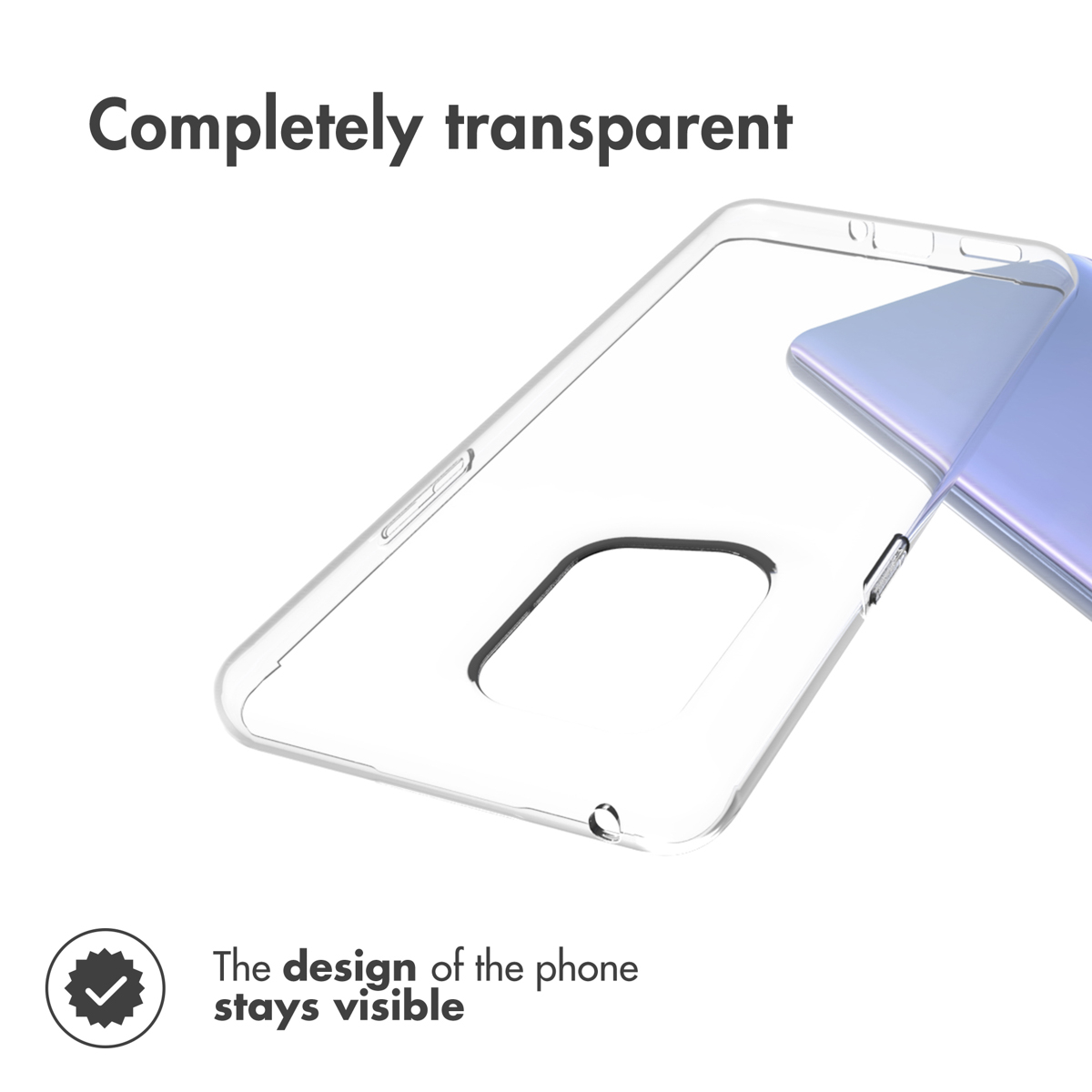 Una funda de móvil completamente transparente sobre fondo blanco, manteniendo visible el diseño.