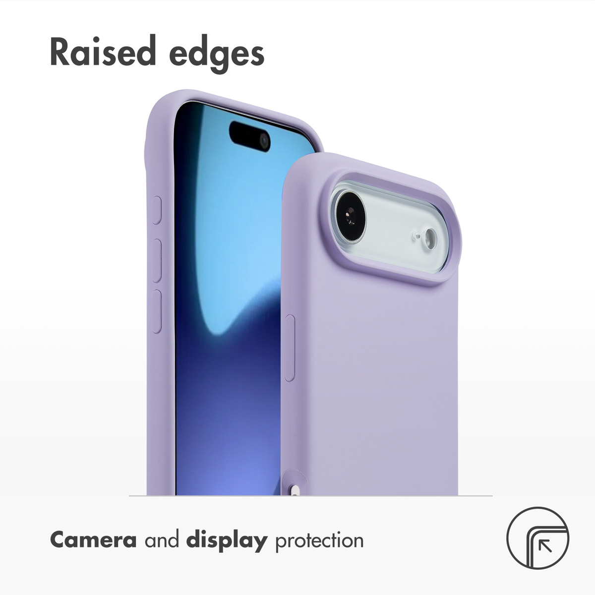 Funda de móvil morada con bordes elevados para protección de cámara y pantalla.
