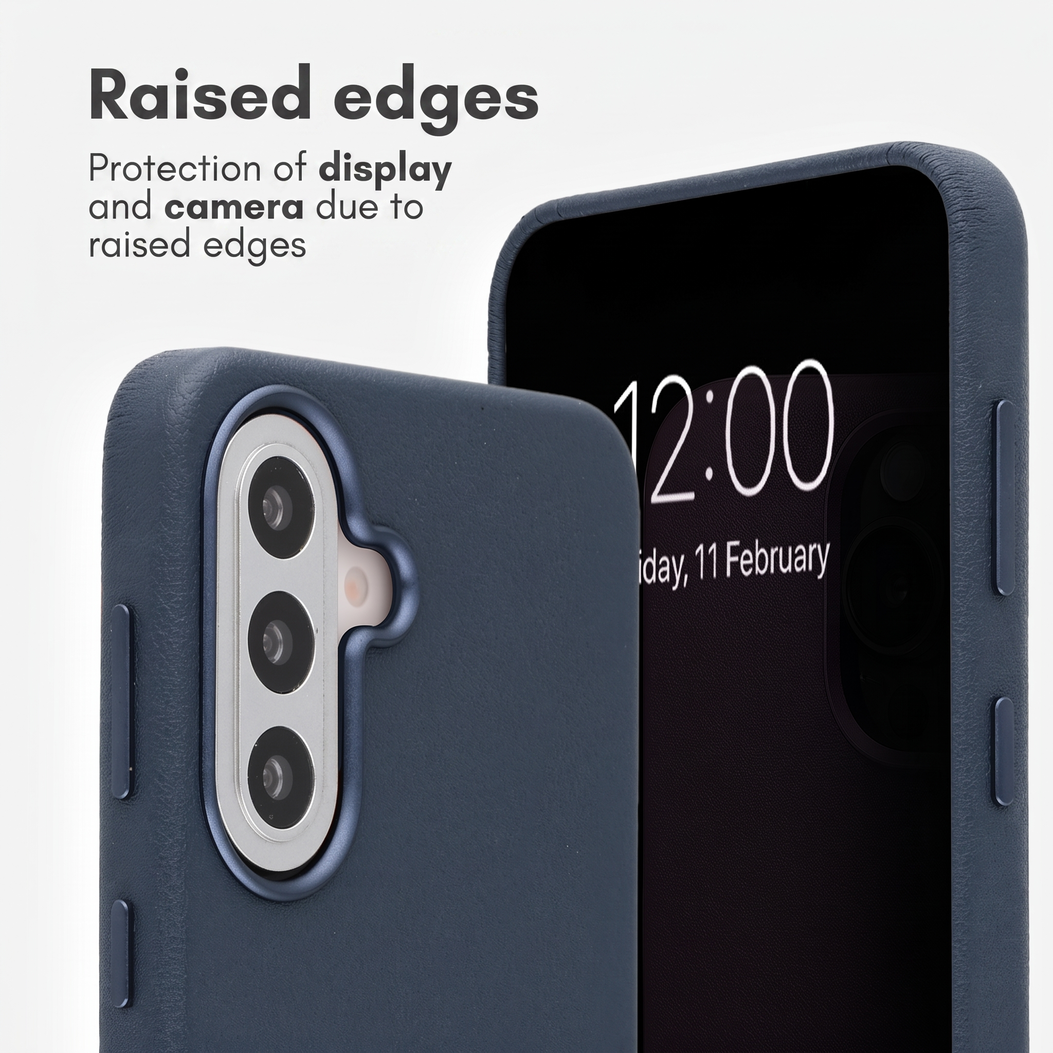 Primer plano de una funda de teléfono azul con bordes elevados para proteger la pantalla y la cámara.