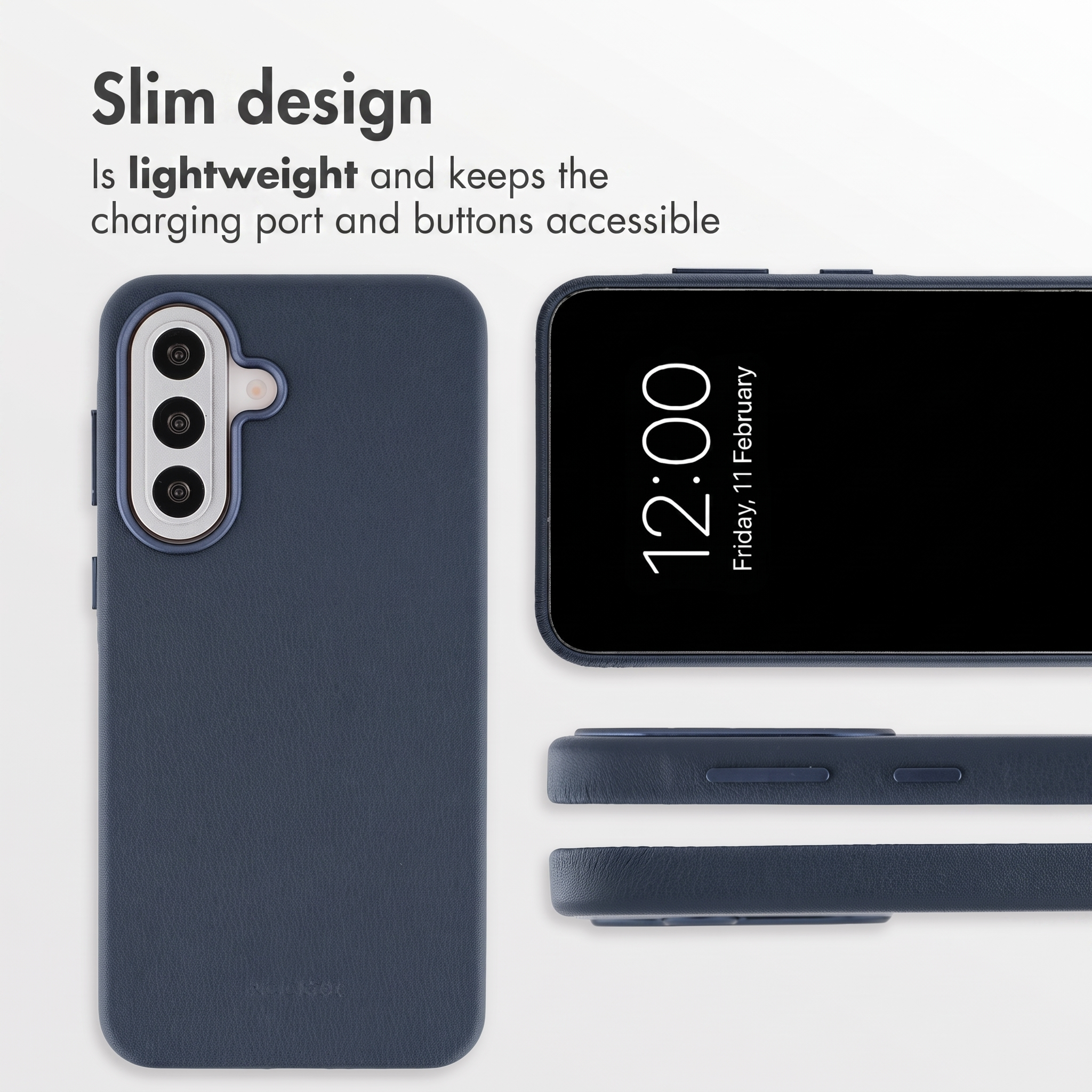 Funda azul para smartphone con triple cámara y texto de diseño delgado.