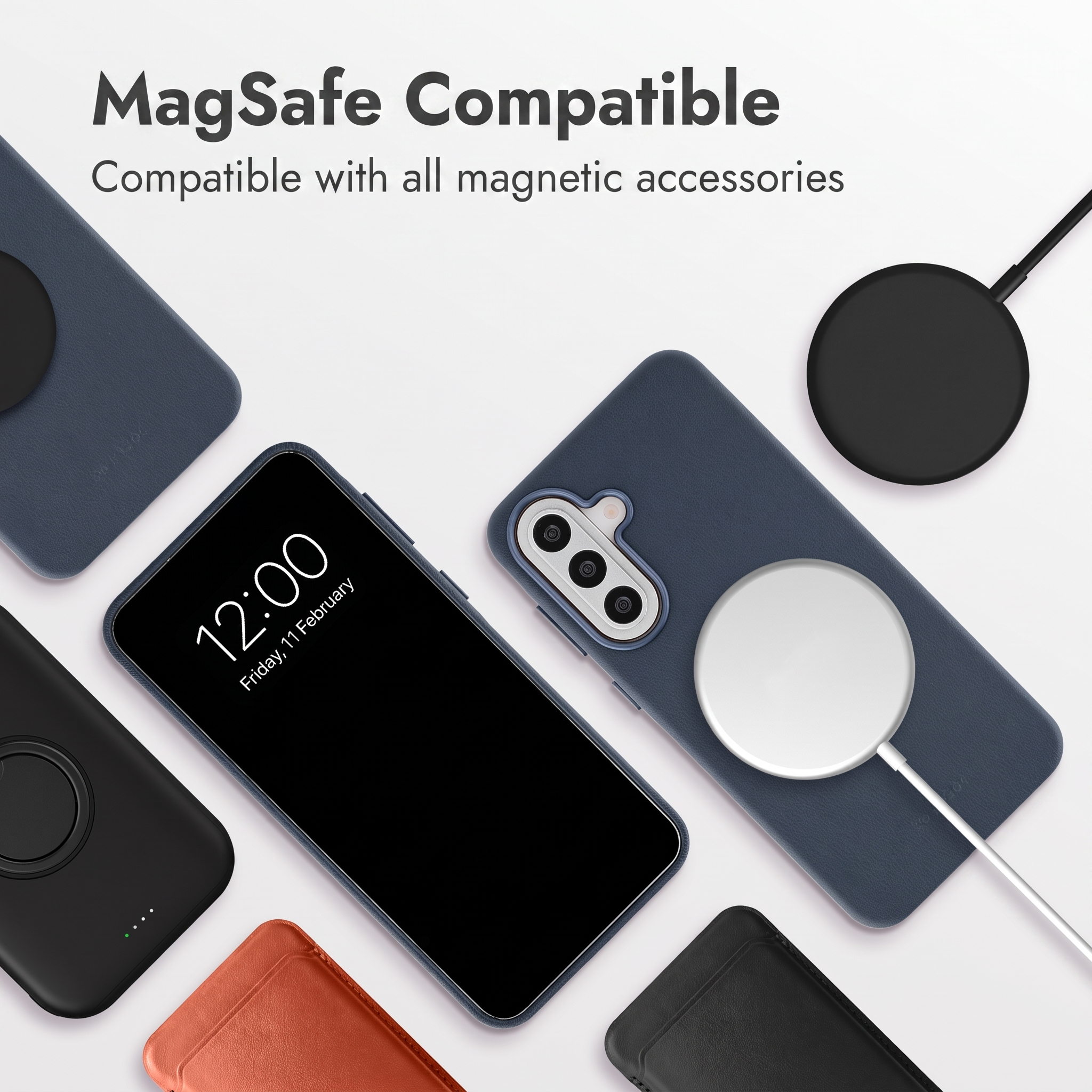 Funda de teléfono y accesorios compatibles con MagSafe en superficie blanca.