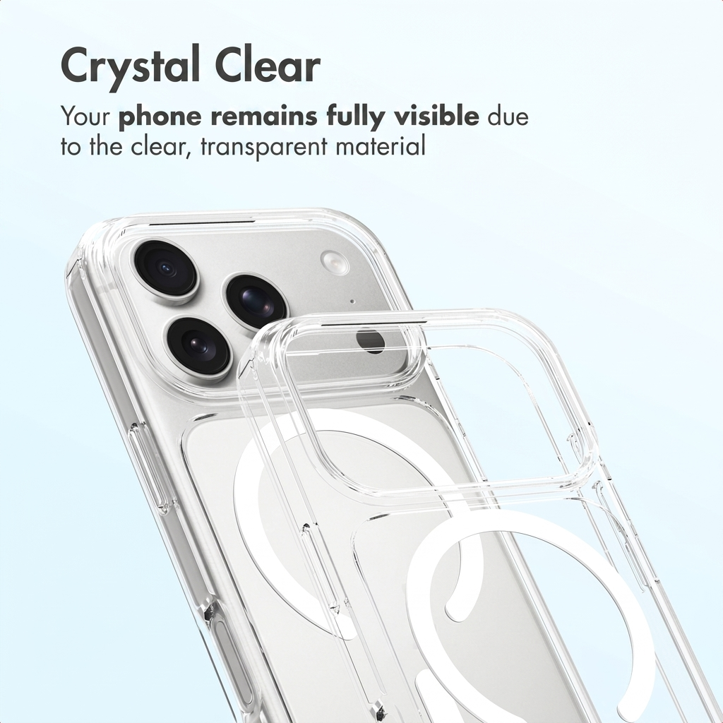 Transparente Handyhülle auf einem Smartphone mit Kameras, Text im oberen Bereich.