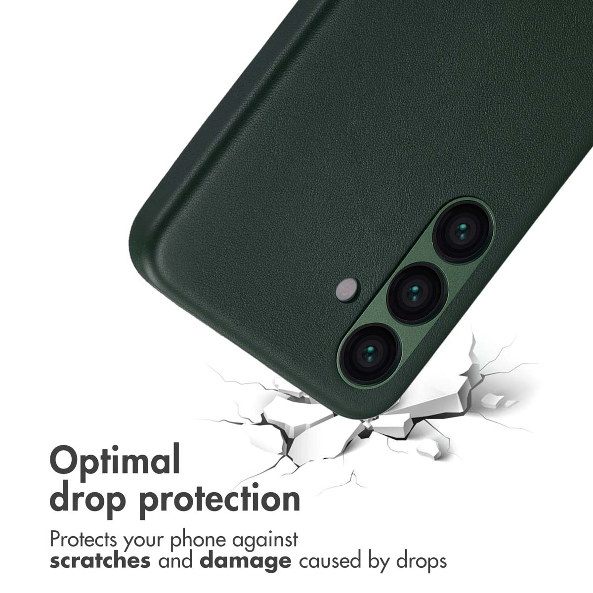 Custodia per smartphone verde scuro su una superficie bianca incrinata, che simboleggia la protezione dalle cadute.