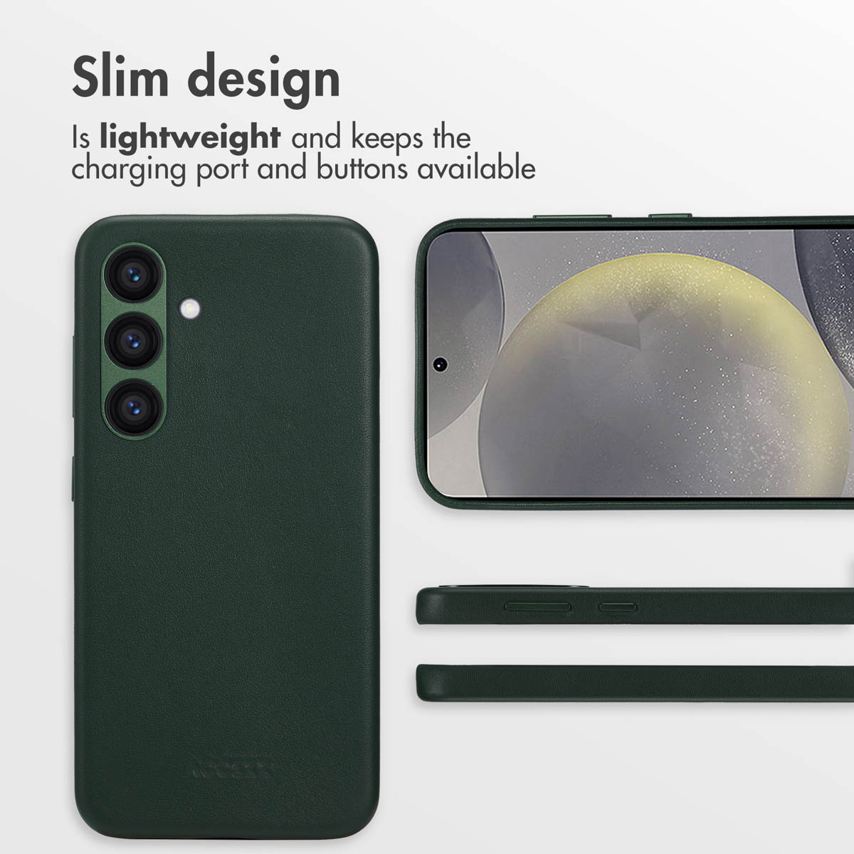 Custodia per smartphone verde scuro sottile, leggera, con porte e tasti accessibili.