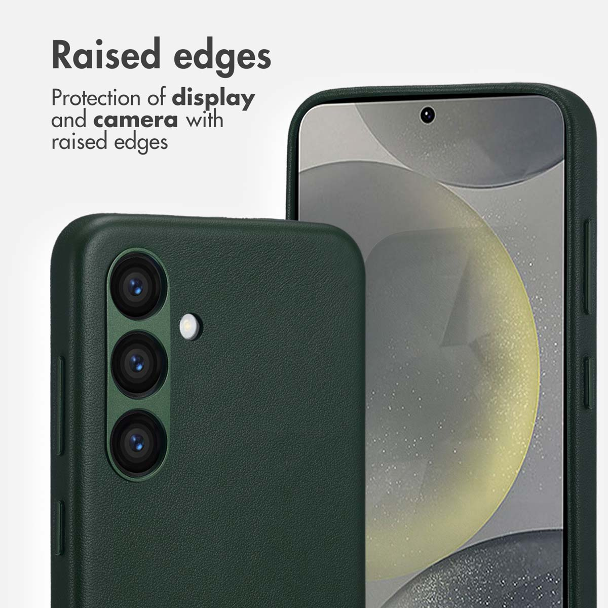 Custodia verde per smartphone con bordi rialzati per proteggere schermo e fotocamera.