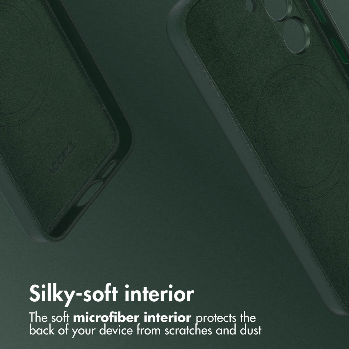 Custodia per telefono verde scuro con morbido interno in microfibra.