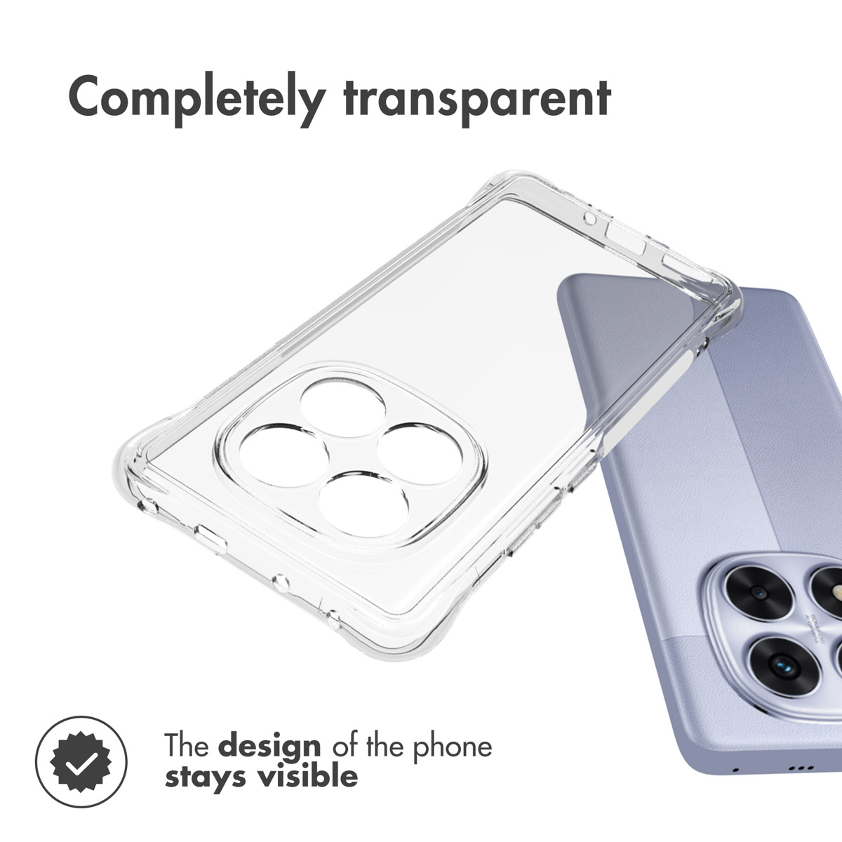 Una funda transparente junto a un smartphone morado sobre fondo blanco.