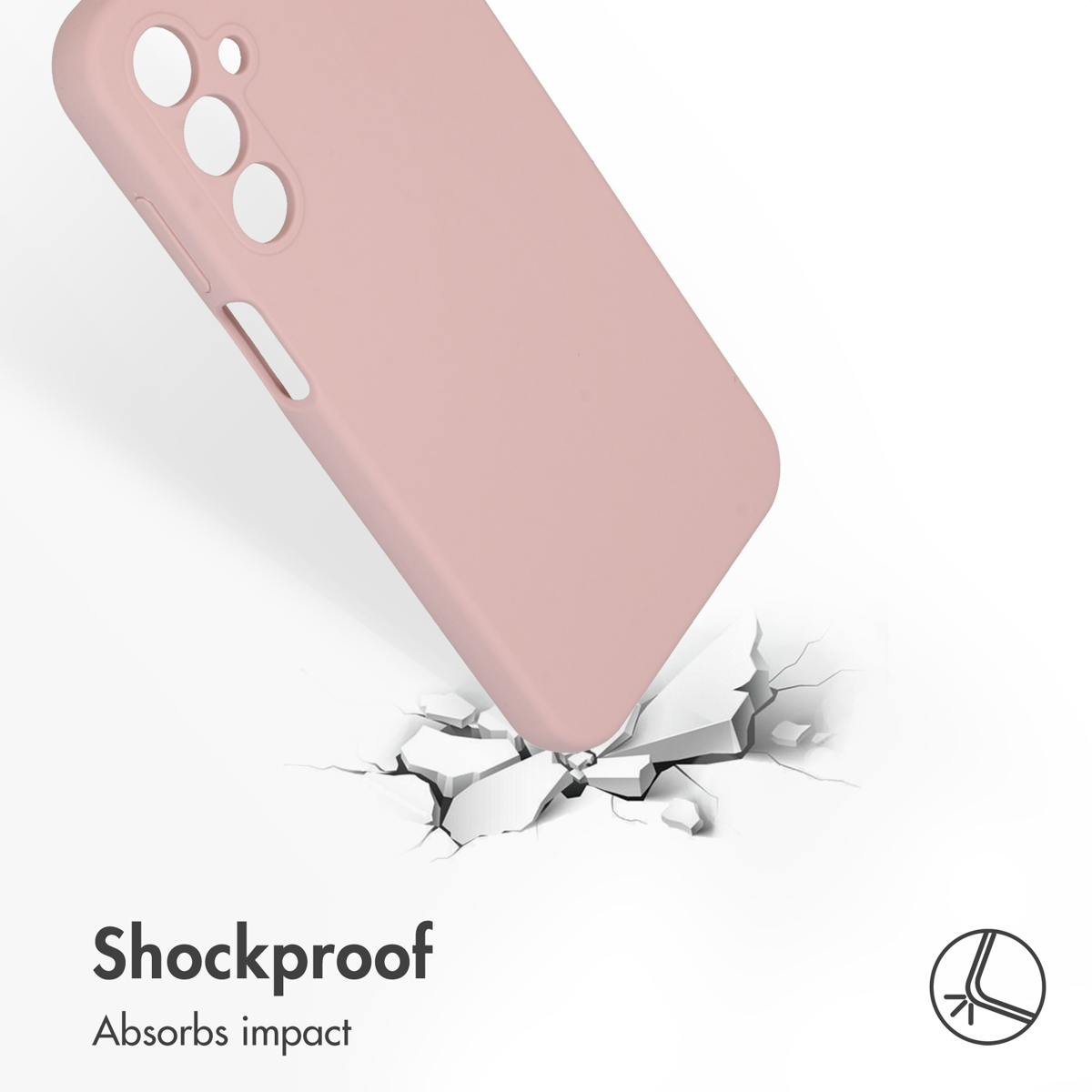Une coque de téléphone rose impacte une surface dure qui se fissure, illustrant la résistance.