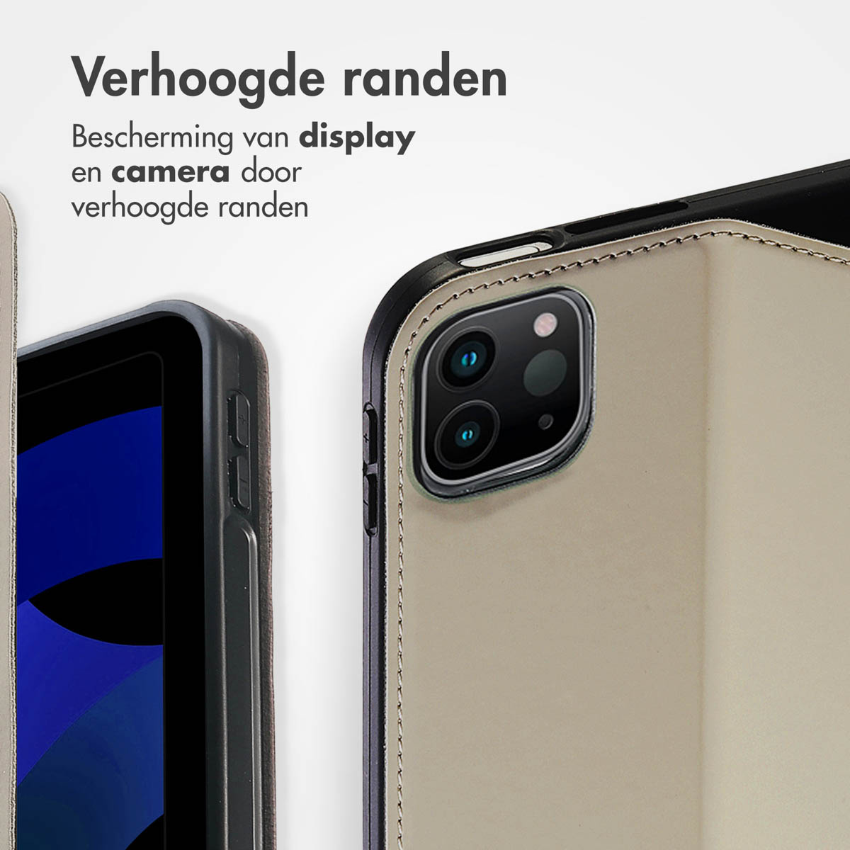 Primo piano di una custodia per tablet con bordi rialzati per proteggere schermo e fotocamera, con testo in olandese.
