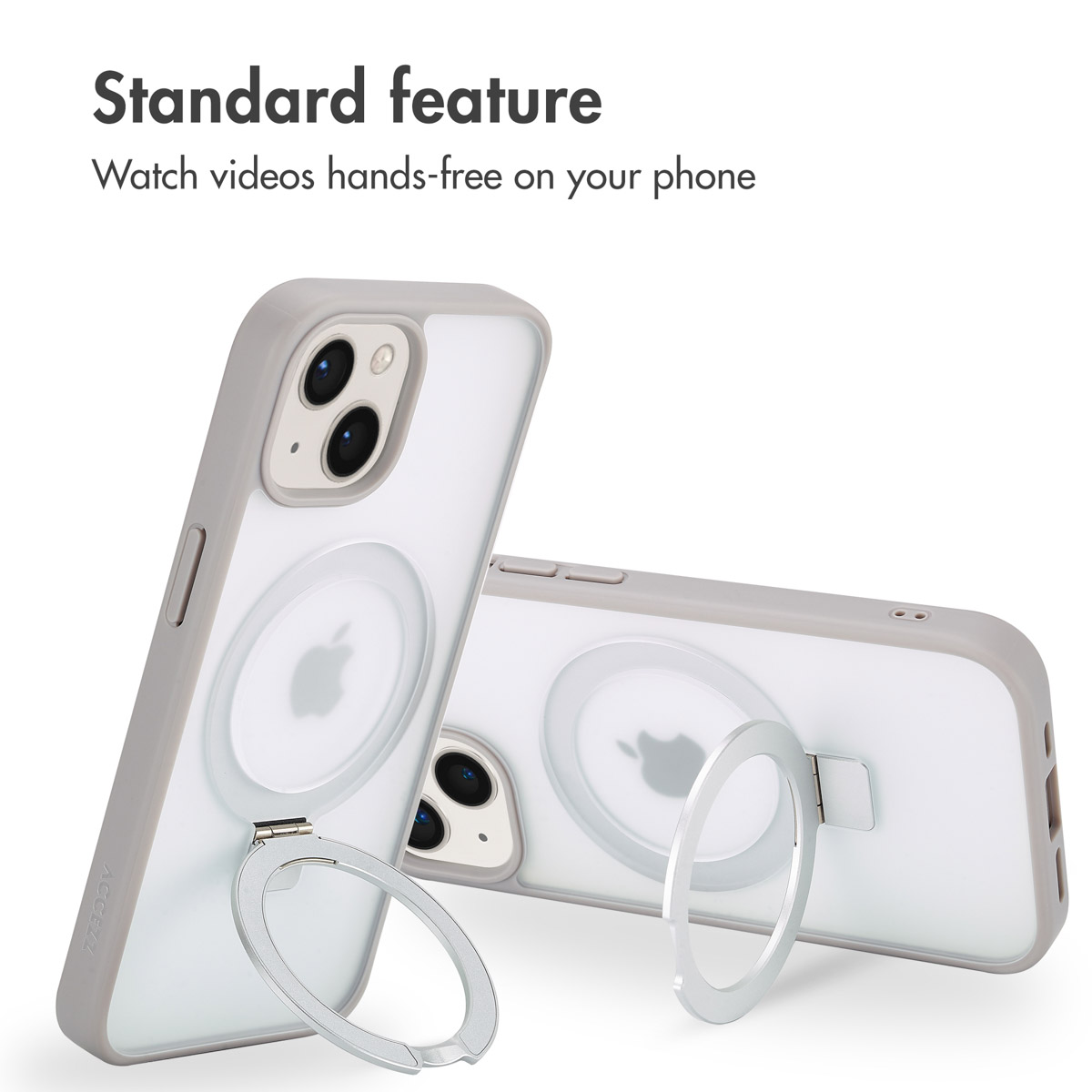 Two gray phone cases with integrated silver stand rings on a white background.