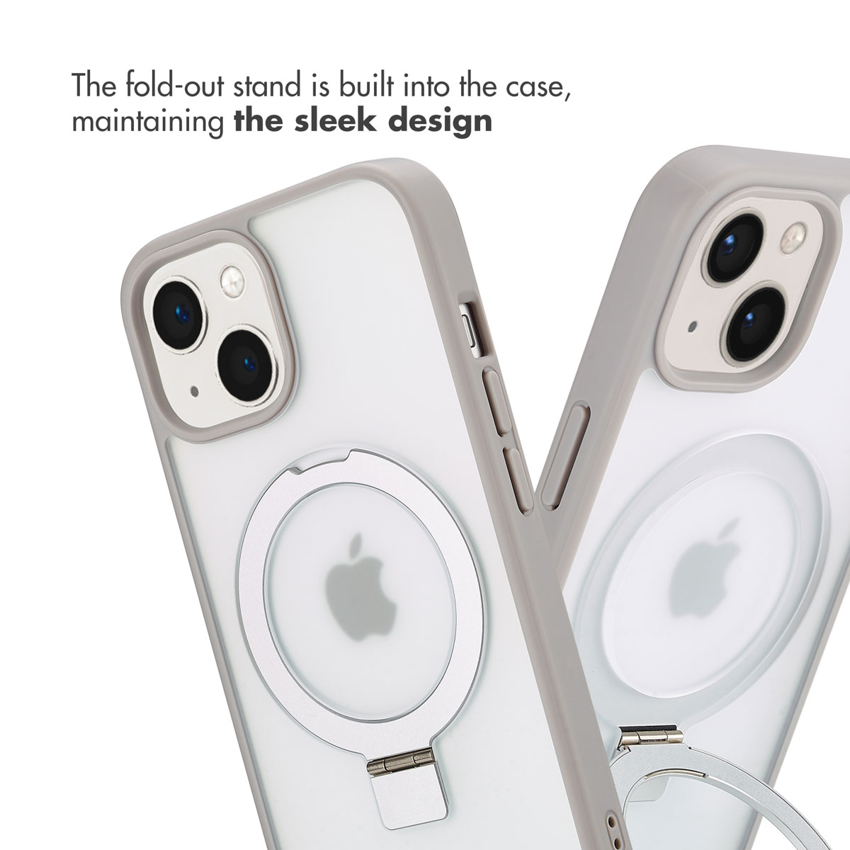 Two gray iPhone cases featuring an integrated fold-out stand and MagSafe ring against a white background.