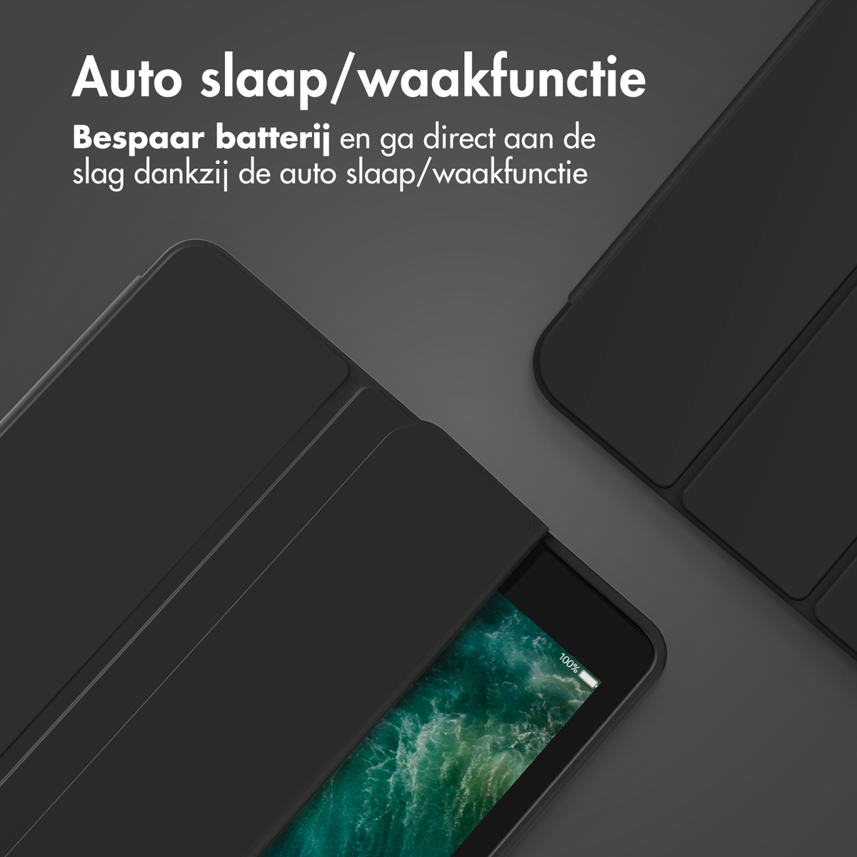 Custodia per tablet nera con funzione di sospensione e riattivazione automatica.