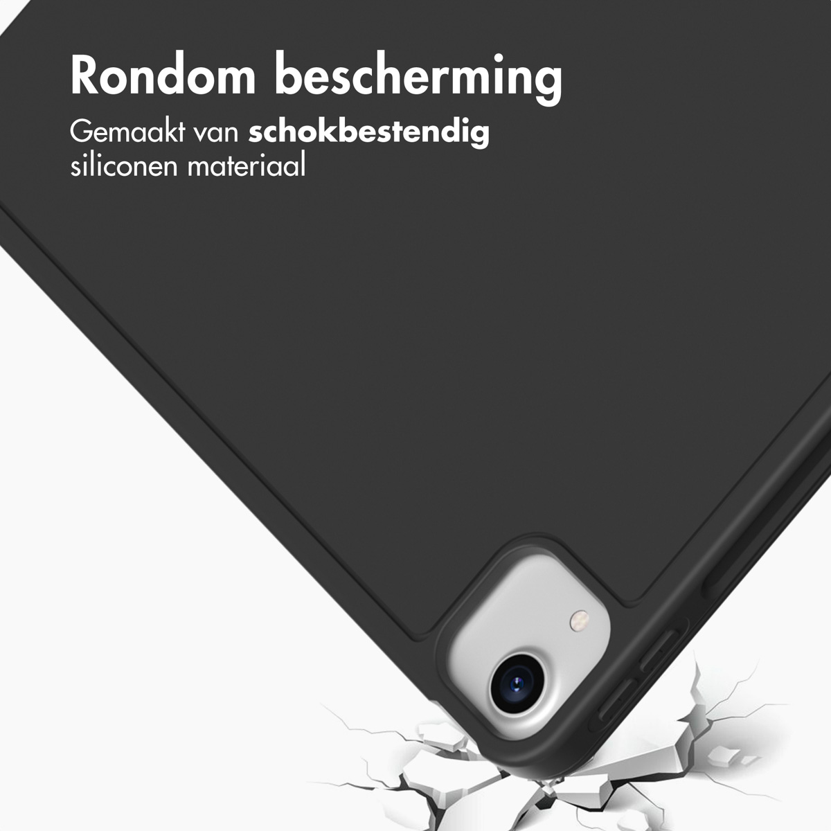 Custodia per tablet in silicone nera su sfondo incrinato con testo bianco.