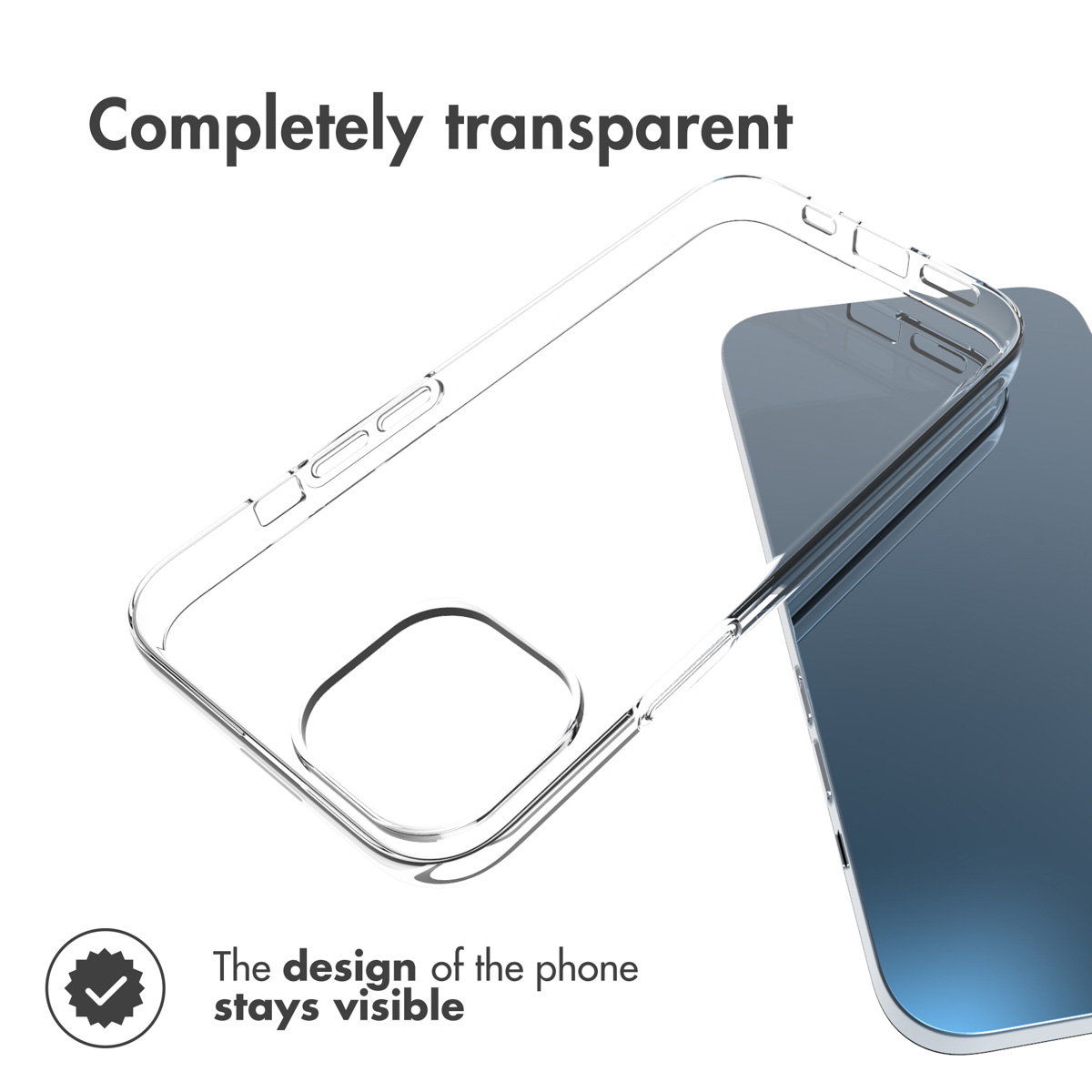 Una funda de móvil transparente junto a un smartphone, con texto.