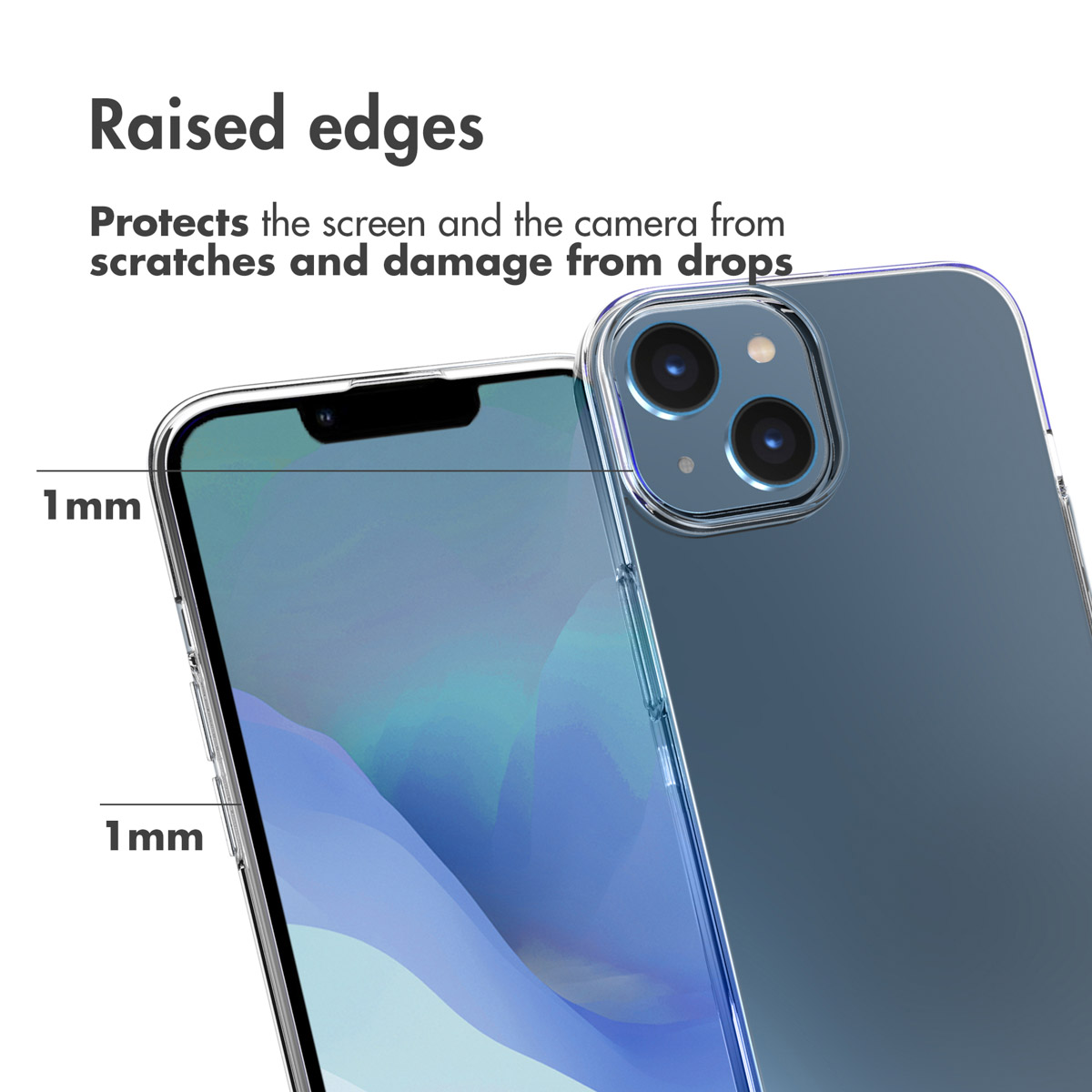 Una funda transparente muestra bordes elevados de 1 mm para proteger la pantalla y la cámara.