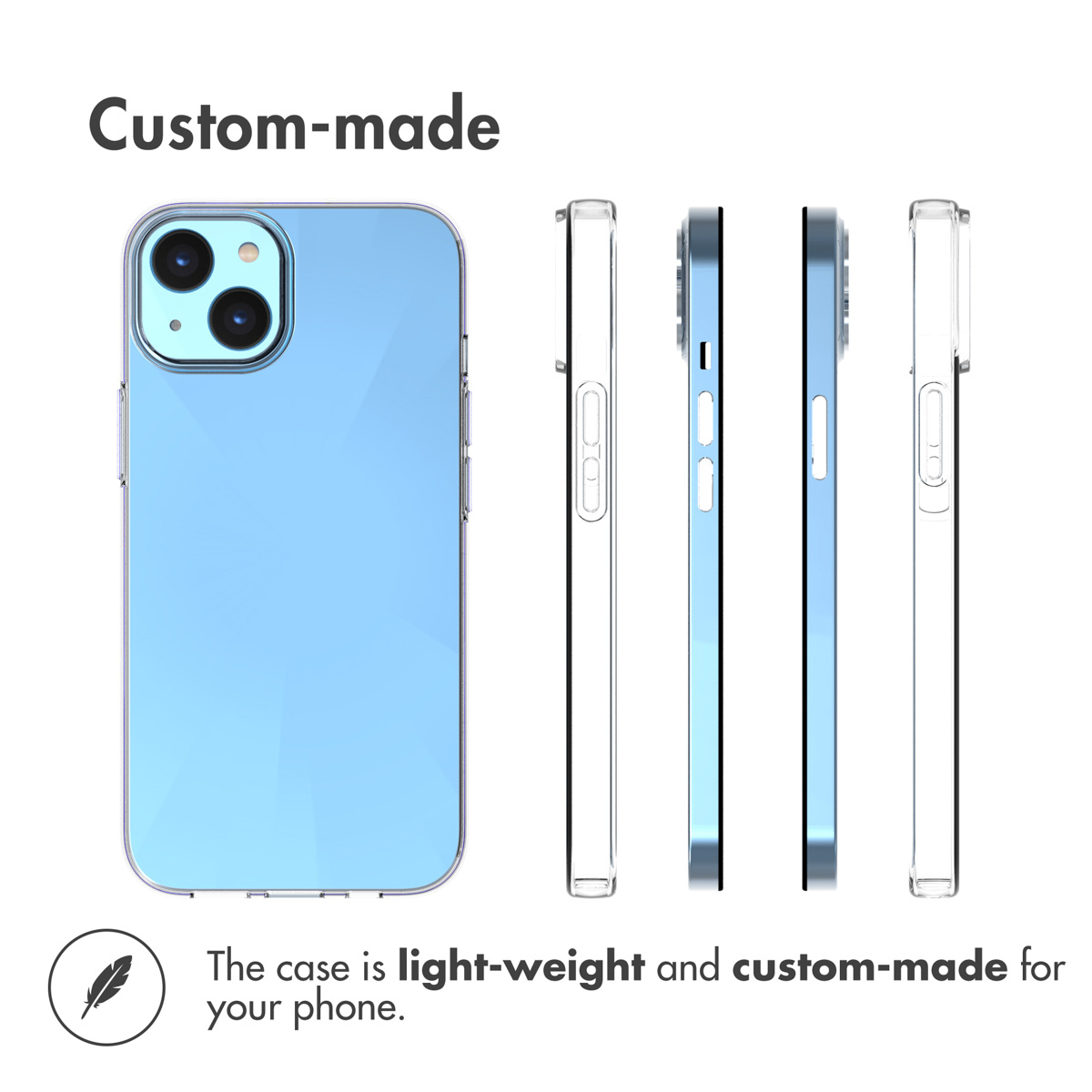 Una funda de teléfono azul ligera y hecha a medida que se muestra desde múltiples ángulos.